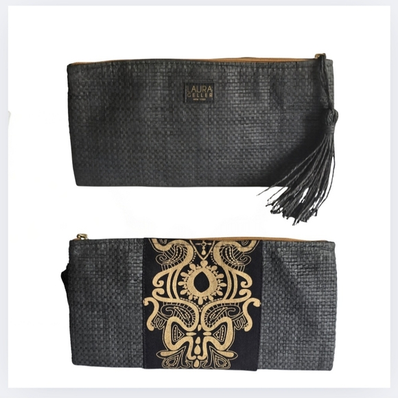 Laura Geller New York Clutch Woven Paper, Cotton Makeup Cosmetic Bag, Tassel - Picture 1 of 8